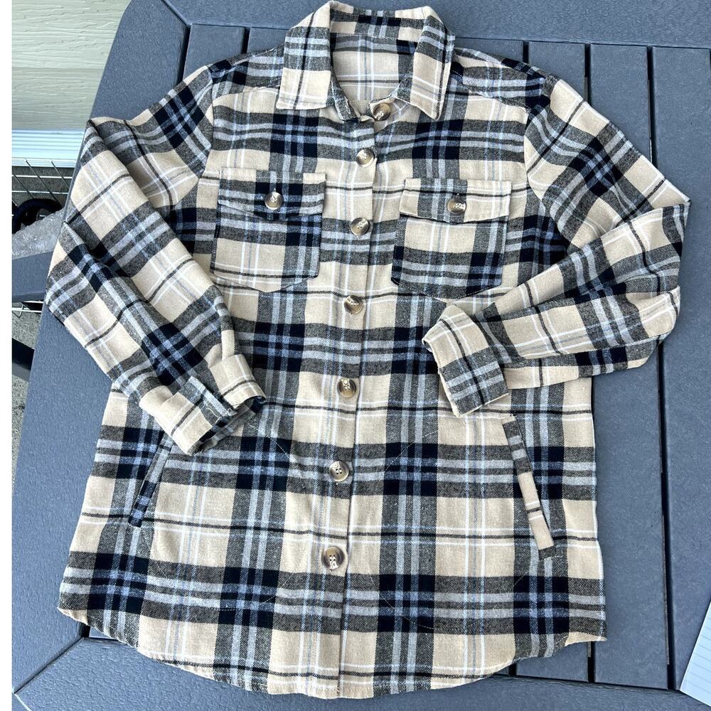 Tan with black plaid button down flannel shirt with pockets, women's M-L
